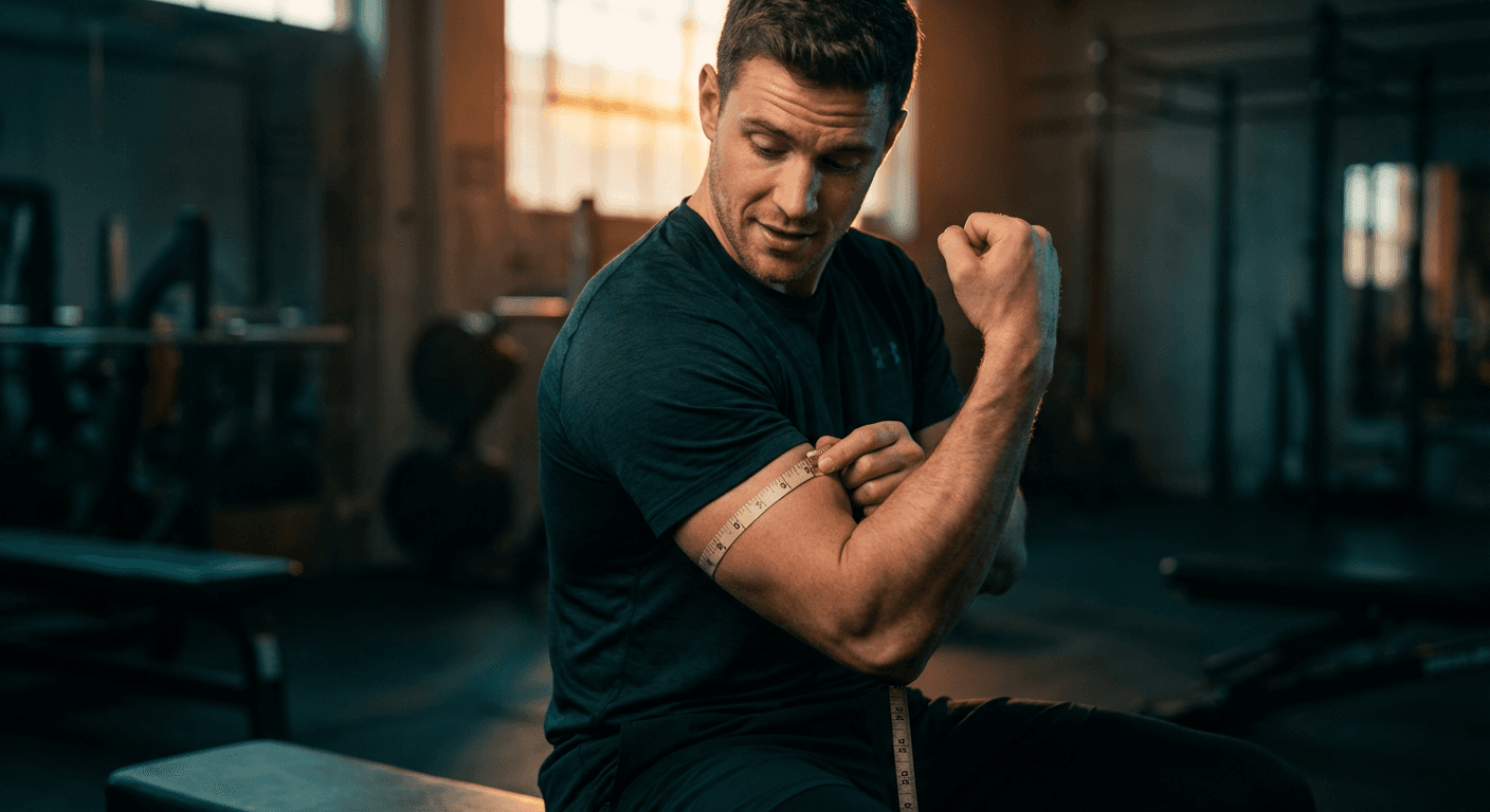 Man measuring bicep with tape measure in gym