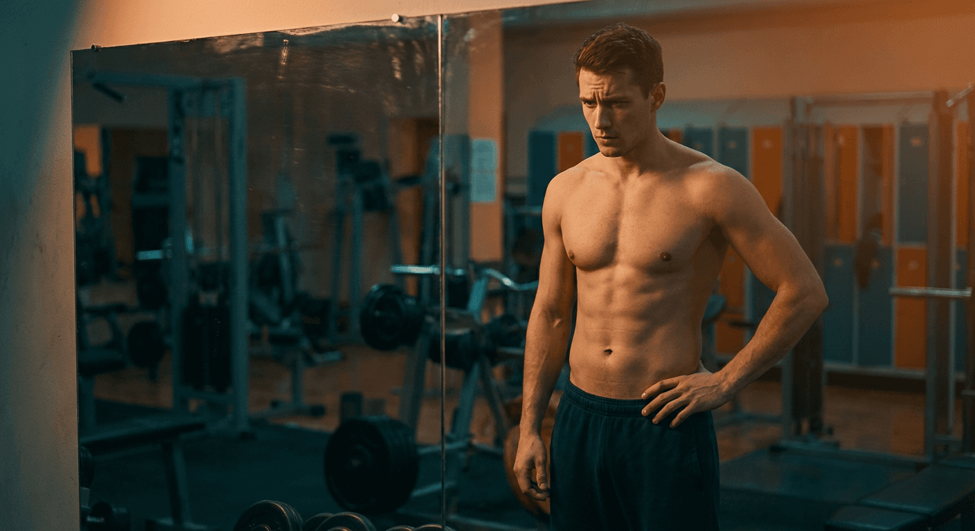 Man evaluating physique in gym mirror