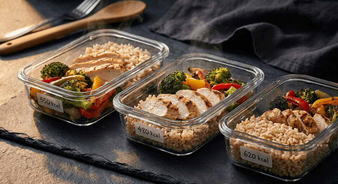 Meal prep containers with different calorie portions