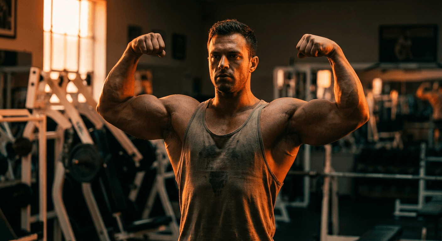 Natural bodybuilder in front double bicep pose