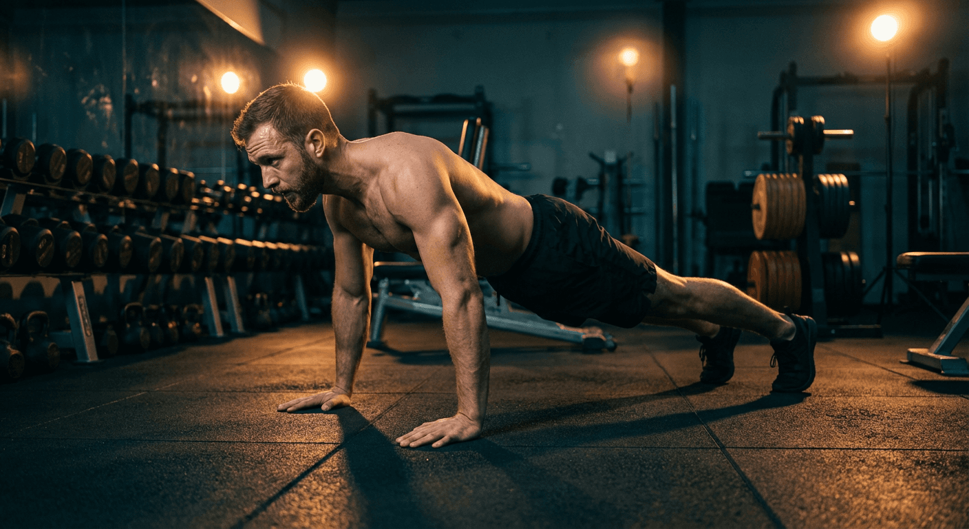 Man in push-up position on gym floor