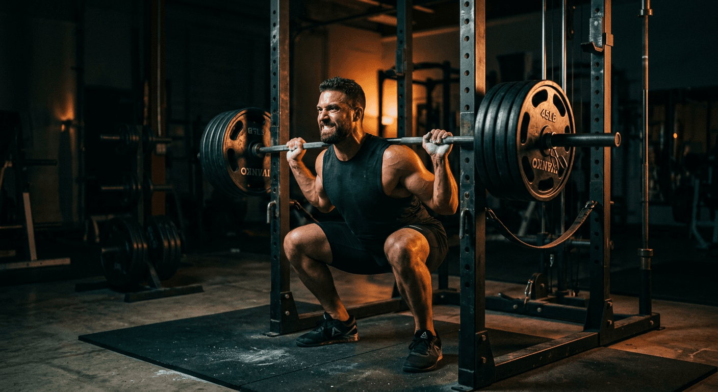 Man performing heavy barbell squat in power rack