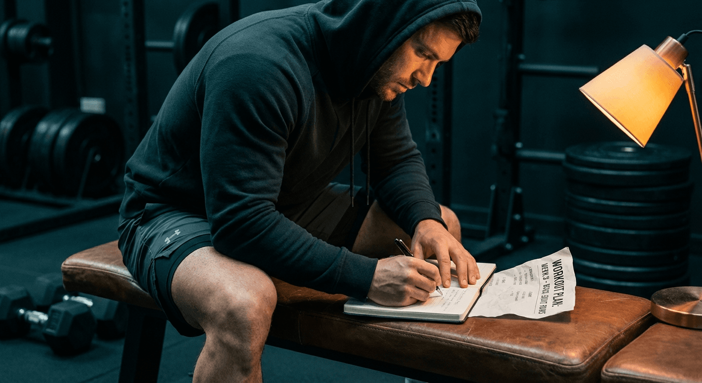 Man planning workout in training journal at gym