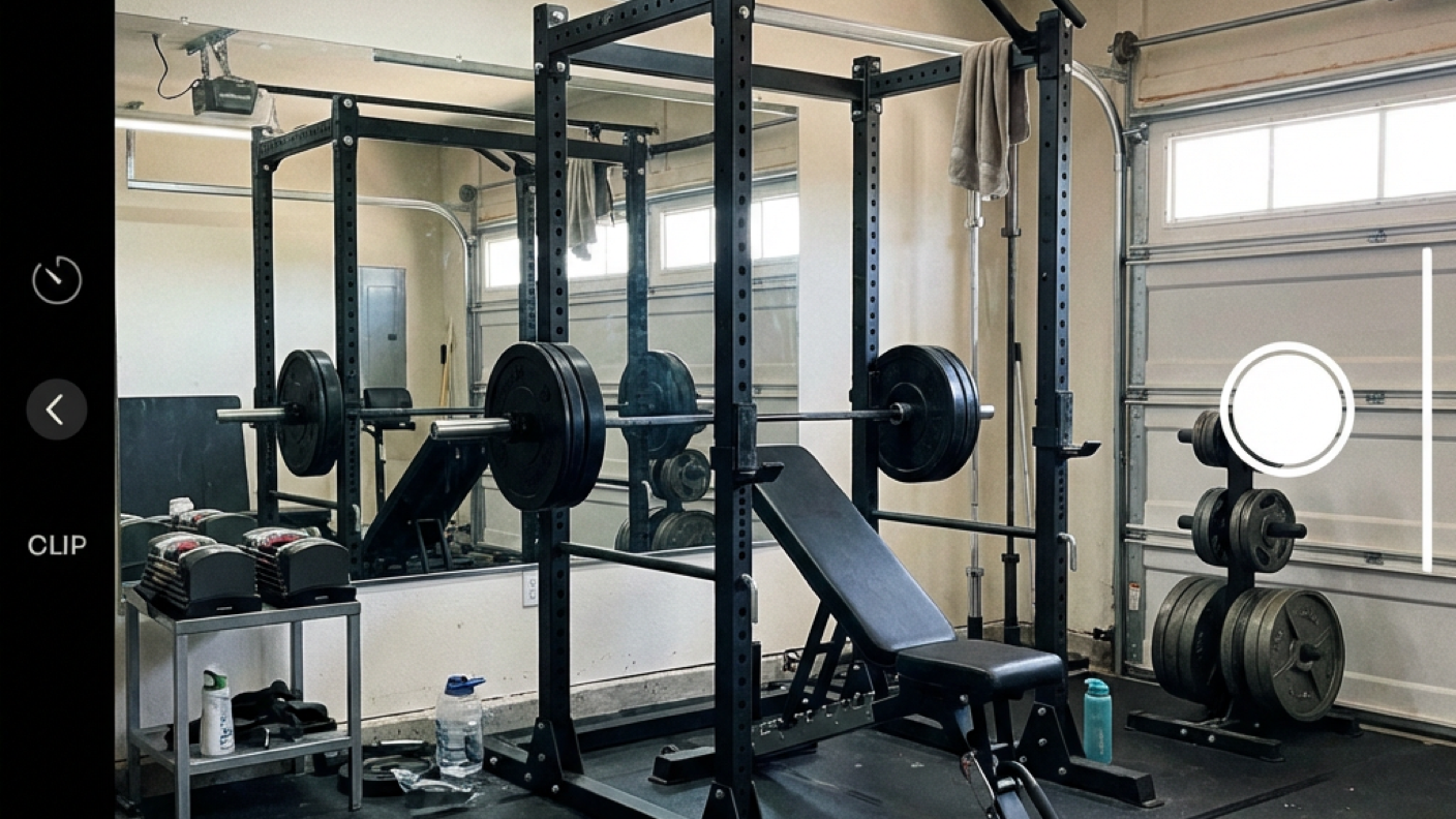 A proper $1,500 home gym with a power rack, loaded barbell, adjustable bench, dumbbells, and rubber flooring