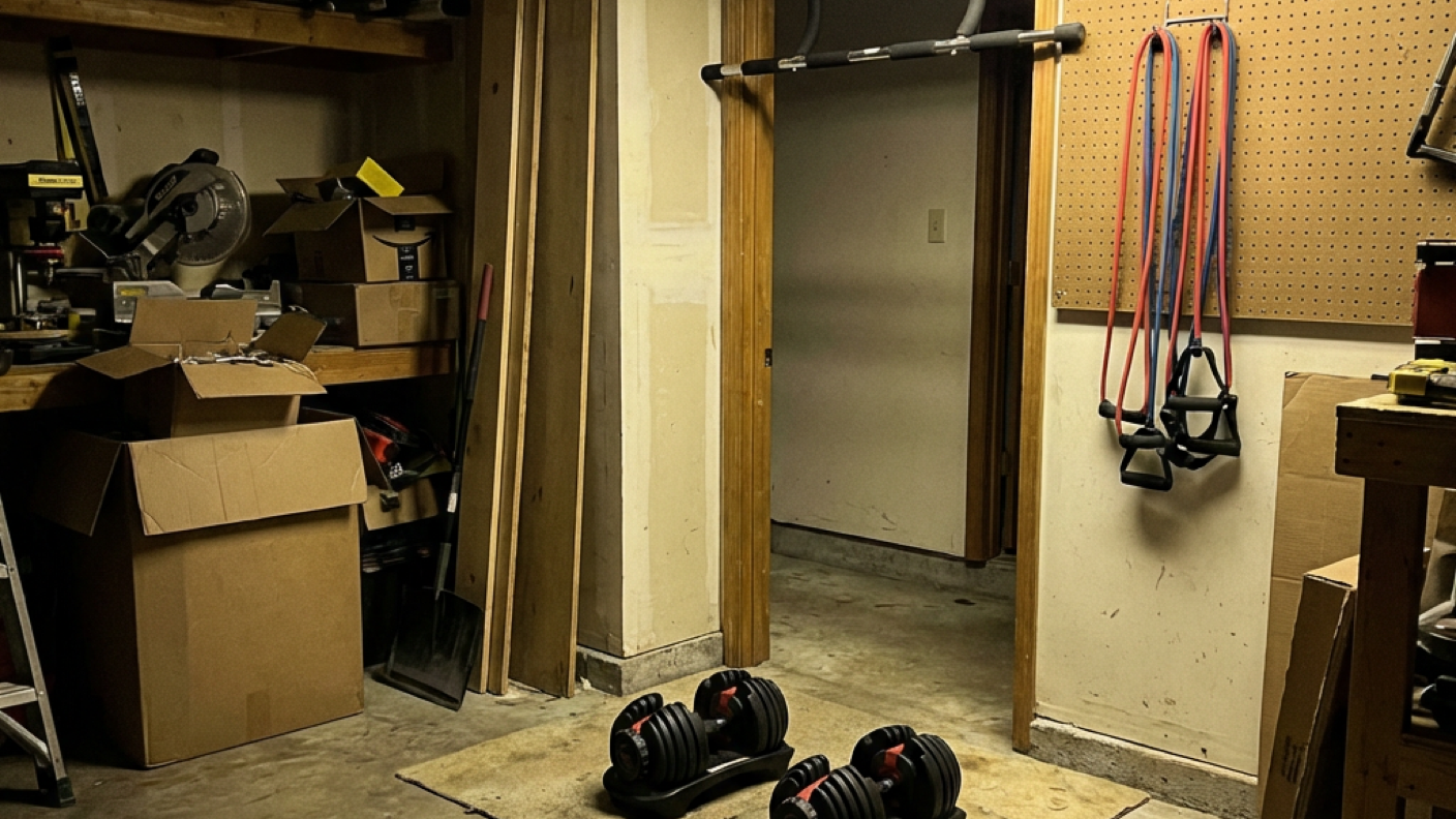 A basic $200 home gym setup: adjustable dumbbells, a doorframe pull-up bar, and resistance bands in a garage corner