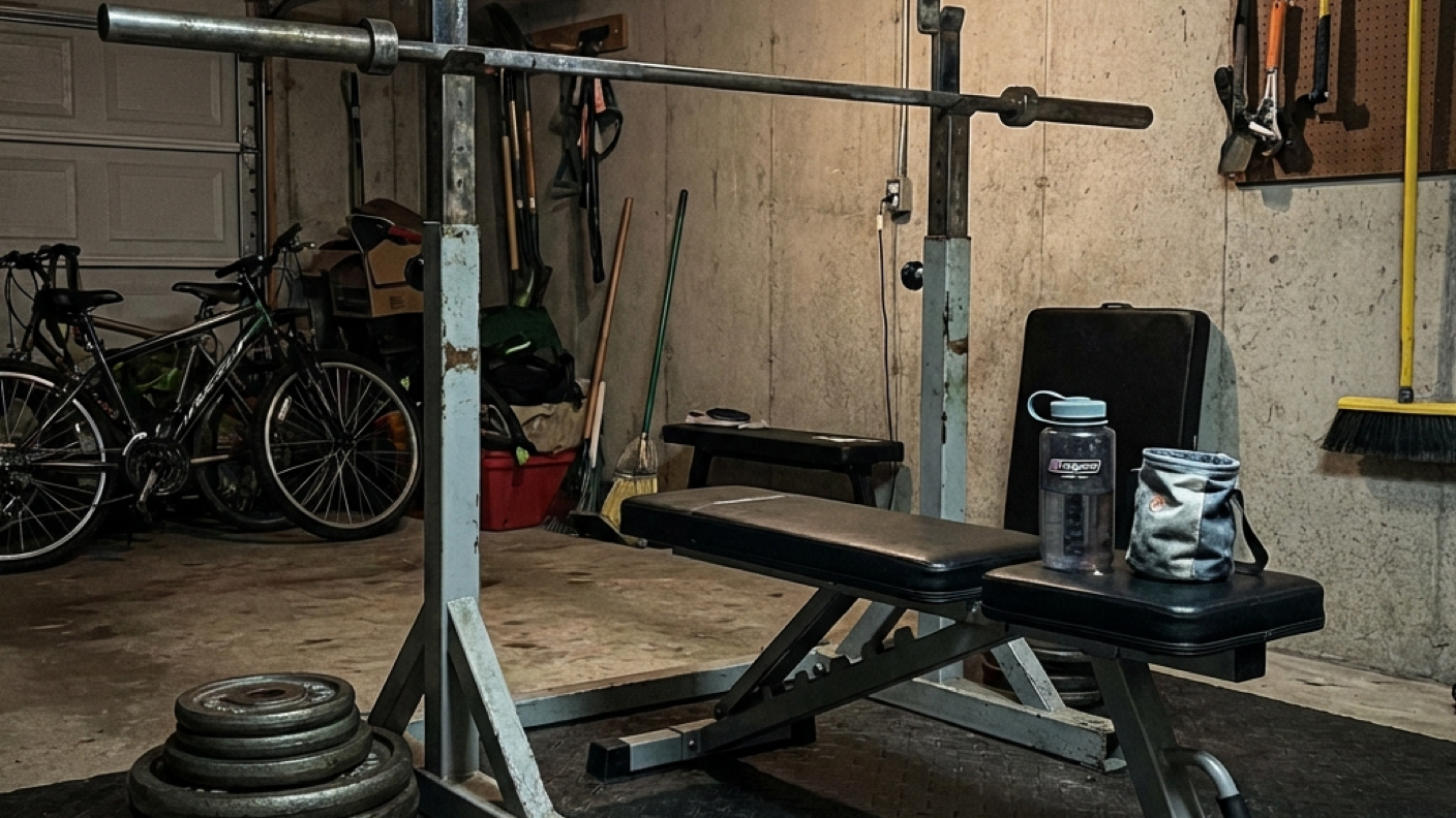 A $500 garage gym with a barbell on squat stands, an adjustable bench, and iron weight plates