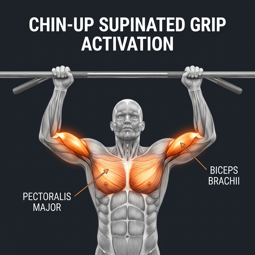 Chin-up (supinated grip) muscle activation — biceps brachii and pectoralis major emphasis