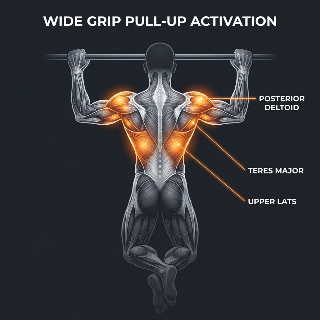 Wide grip pull-up muscle activation — upper lats, teres major, and posterior deltoid emphasis