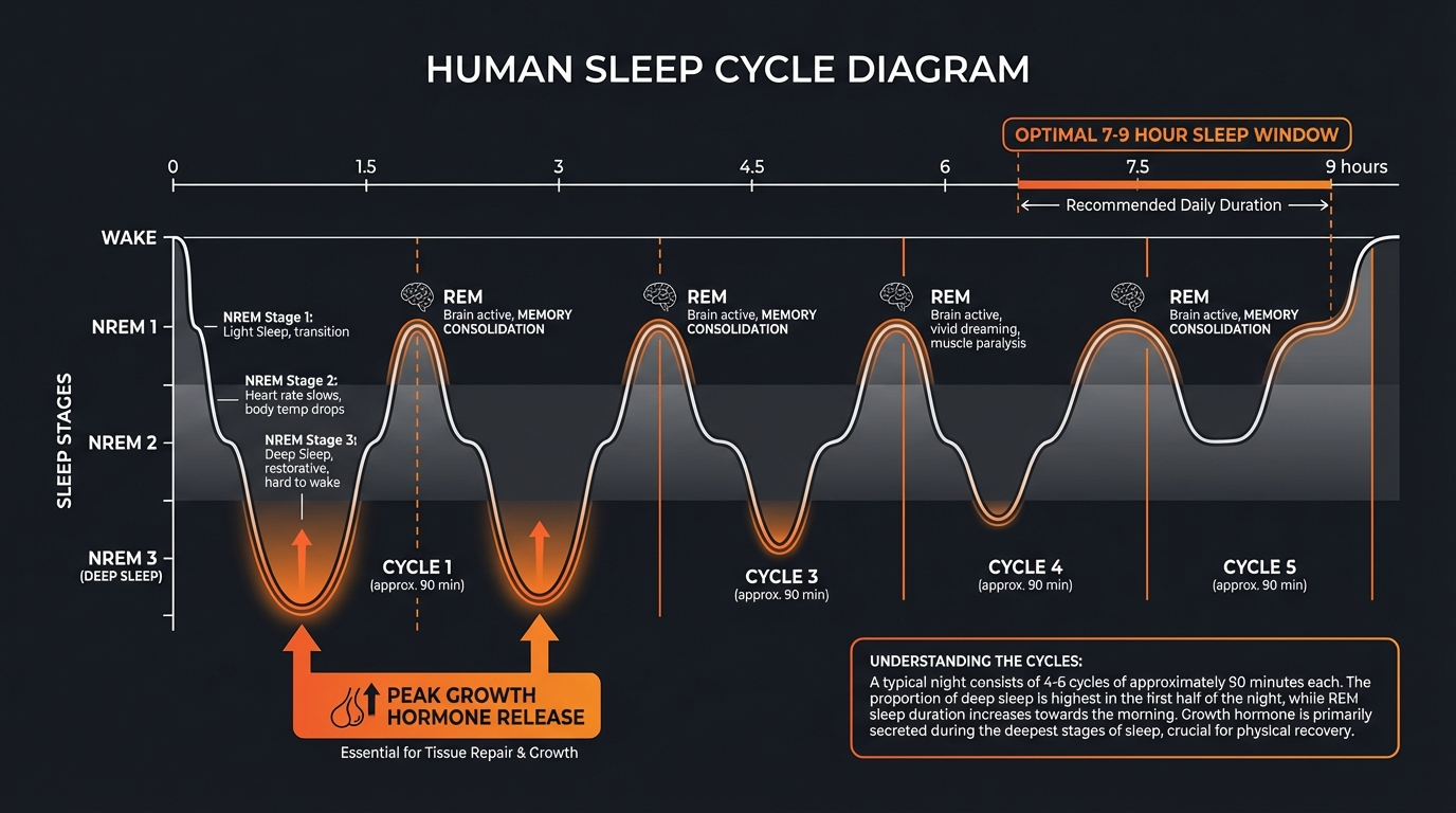 Diagram illustrating key concepts from The Impact of Sleep Quality on Muscle Growth and Recovery
