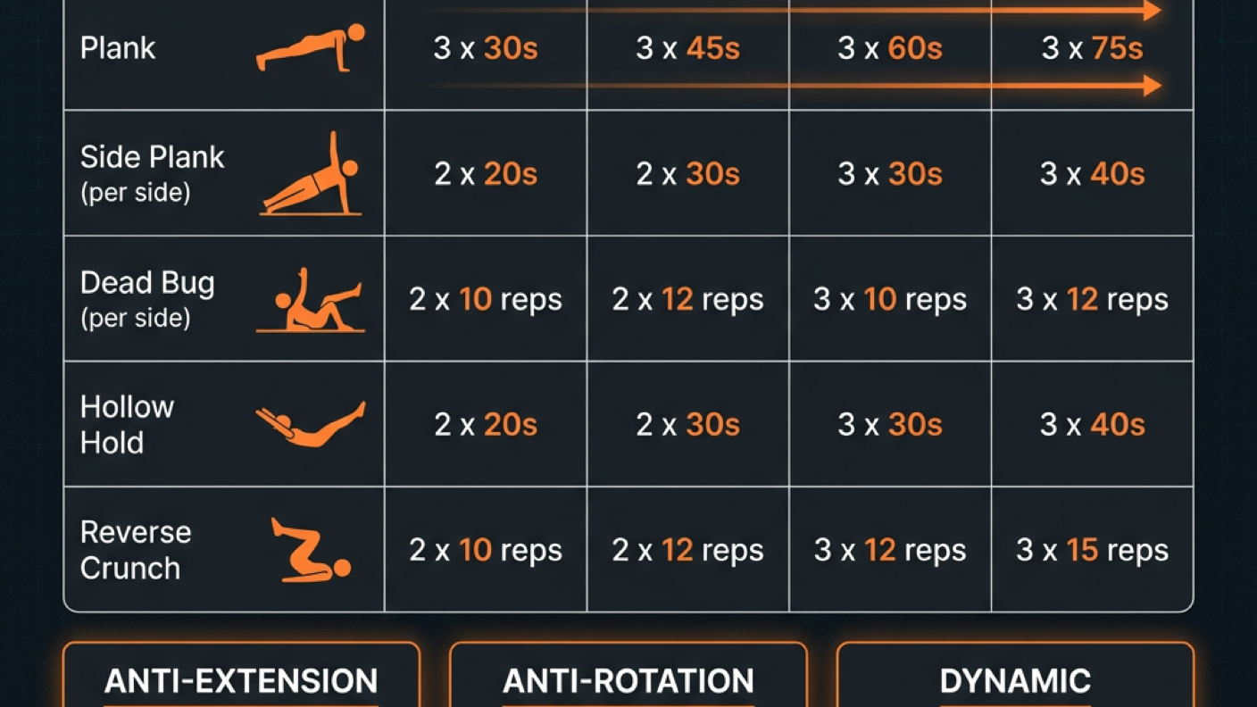 Diagram illustrating key concepts from 20-Min Core & Abs Workout