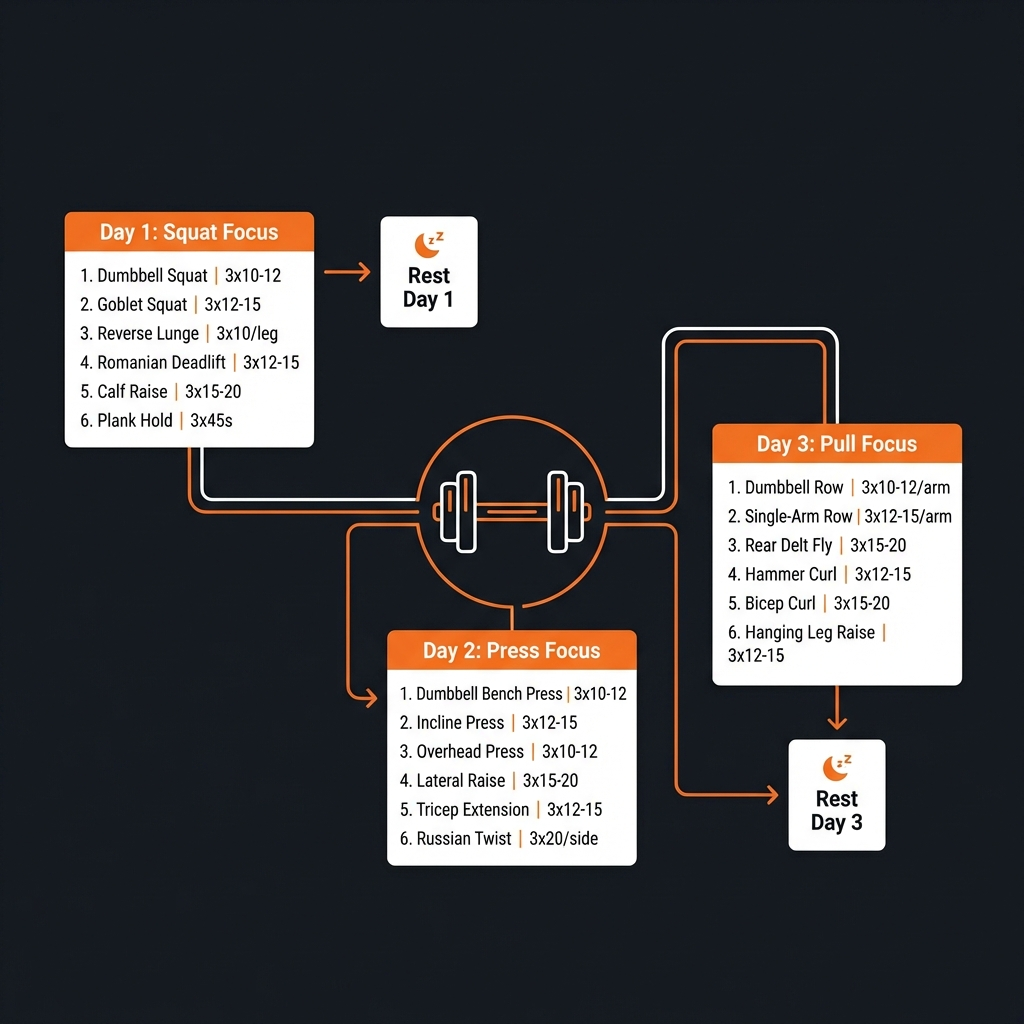Diagram illustrating key concepts from 3-Day Dumbbell-Only Full Body Plan