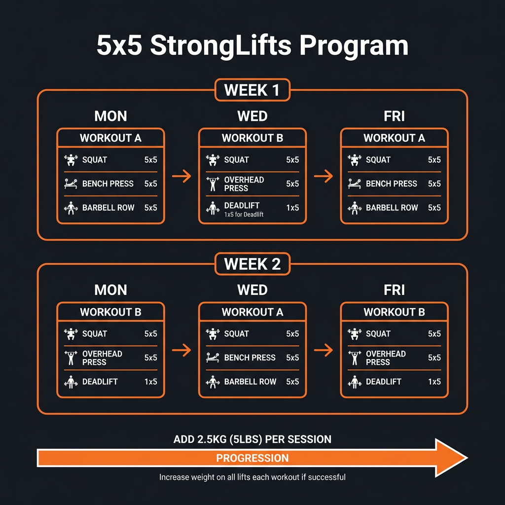 Diagram illustrating key exercises from 5x5 StrongLifts: 8-Week Guide