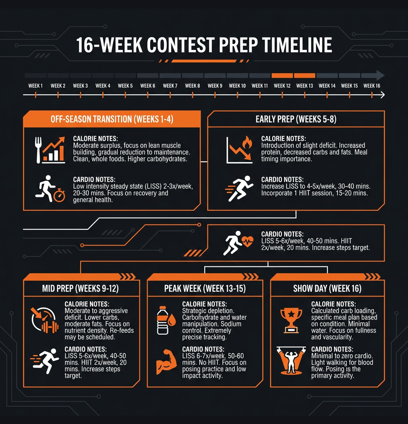 Diagram illustrating key concepts from Bodybuilding: 16-Week Contest Prep