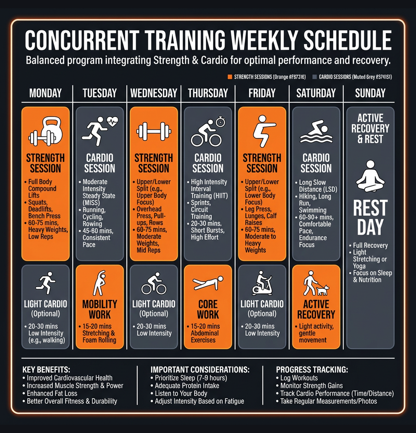 Diagram illustrating key concepts from Concurrent Training: Strength & Cardio