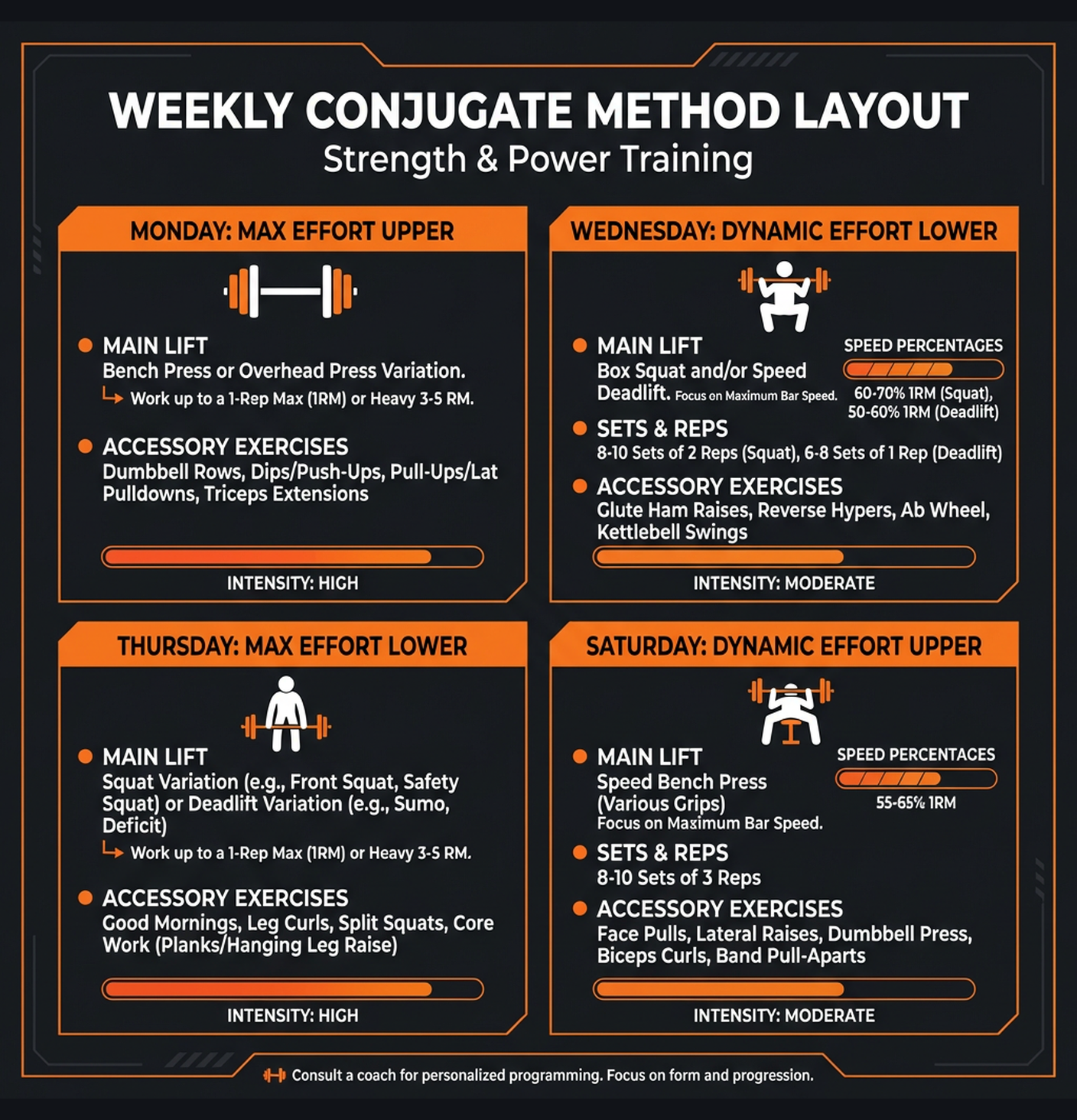 Diagram illustrating key concepts from Conjugate Method: Max Effort / Dynamic Effort