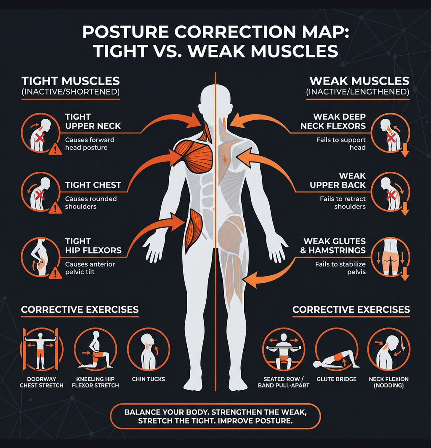 Diagram illustrating key concepts from Desk Worker: Posture Fix & Strength