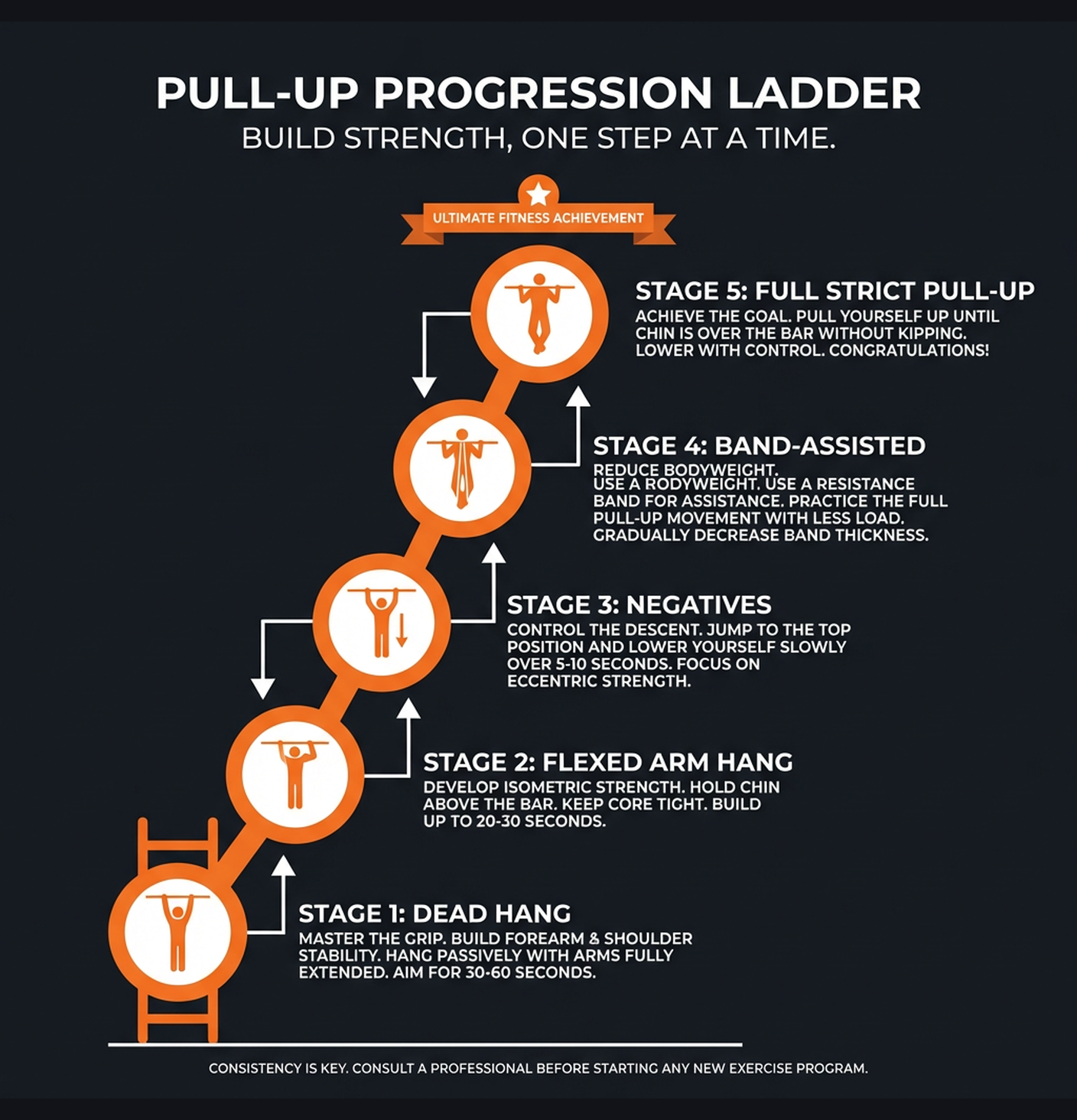 Diagram illustrating key concepts from First Strict Pull-Up: Progression Program