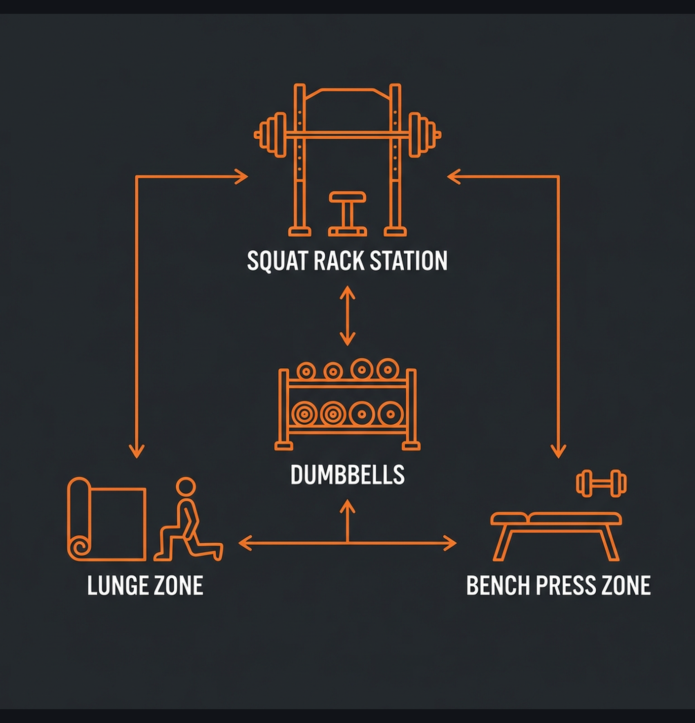 Diagram illustrating key concepts from Garage Gym Program: Barbell, Rack, and Dumbbells
