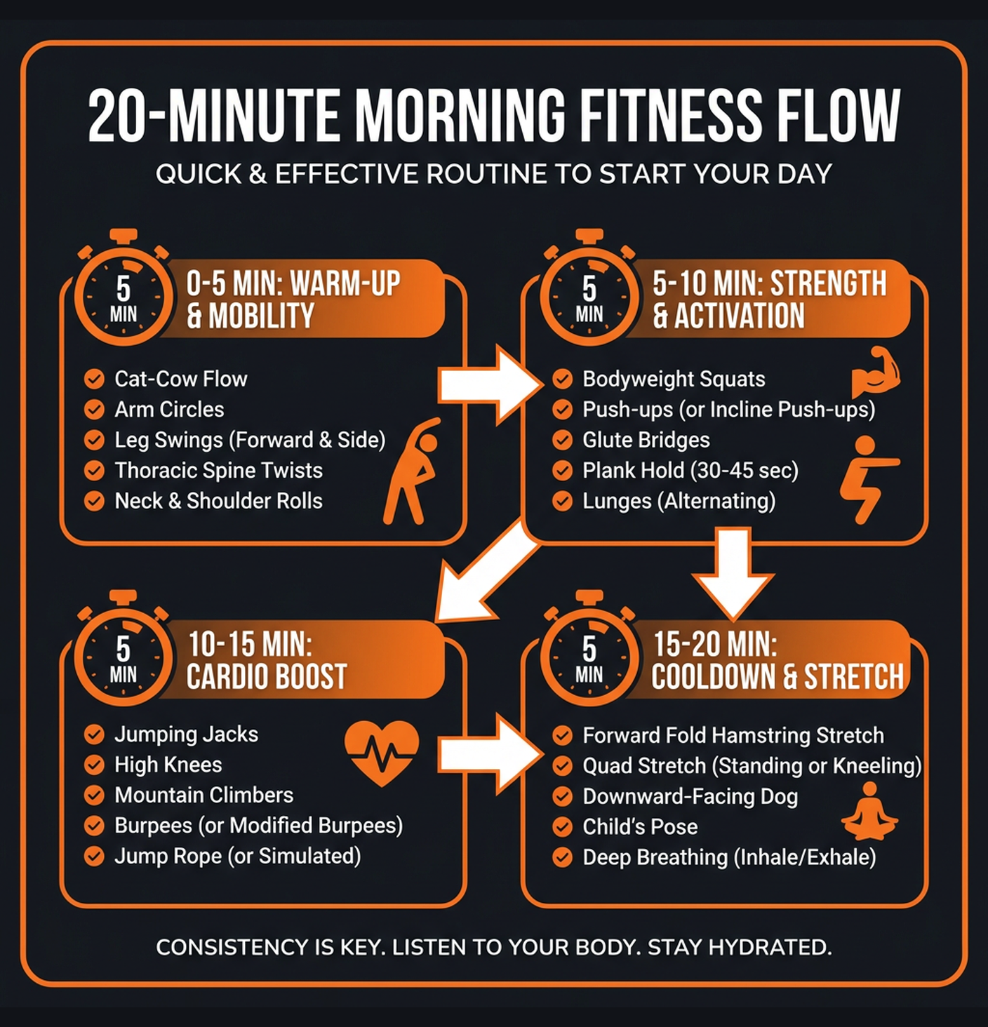Diagram illustrating key concepts from Morning Routine: 20-Minute Wake-Up Workout