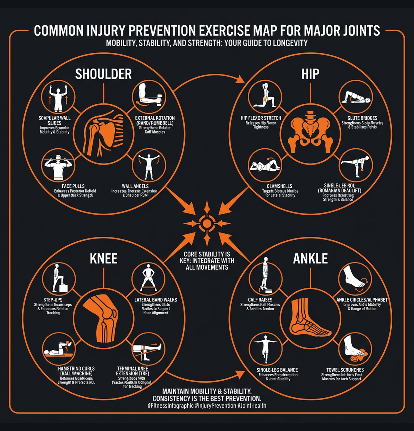 Diagram illustrating key concepts from Prehab: Injury Prevention Program