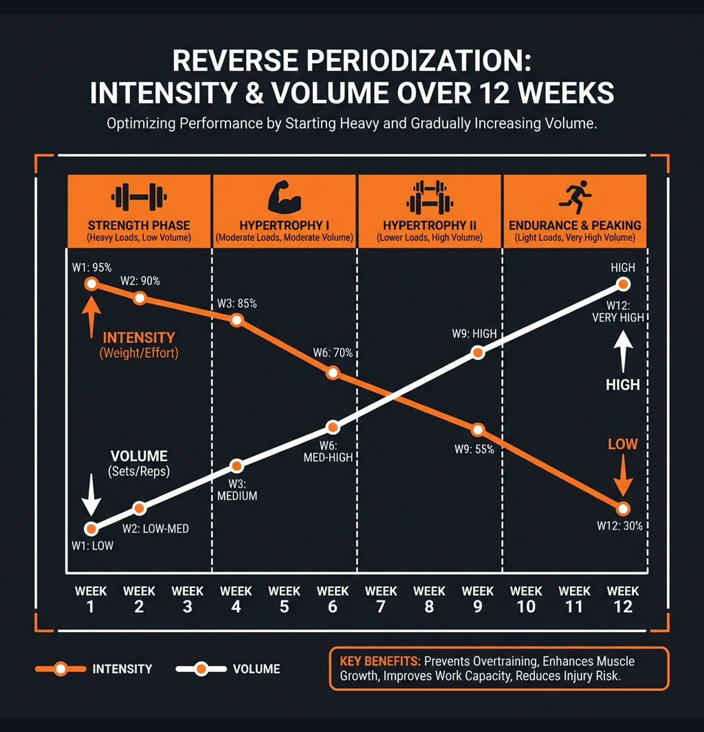 Diagram illustrating key concepts from Reverse Linear Periodization for Hypertrophy