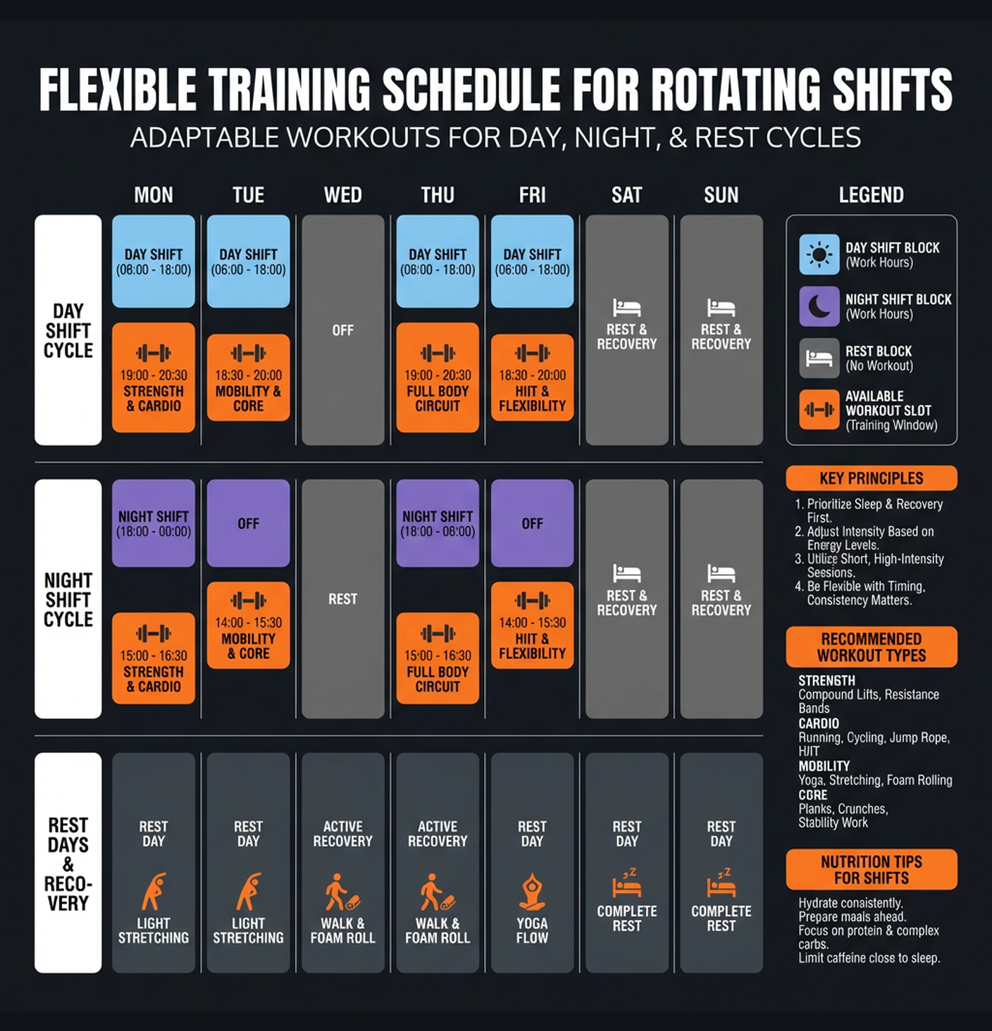 Diagram illustrating key concepts from Shift Worker: Flexible Training Program